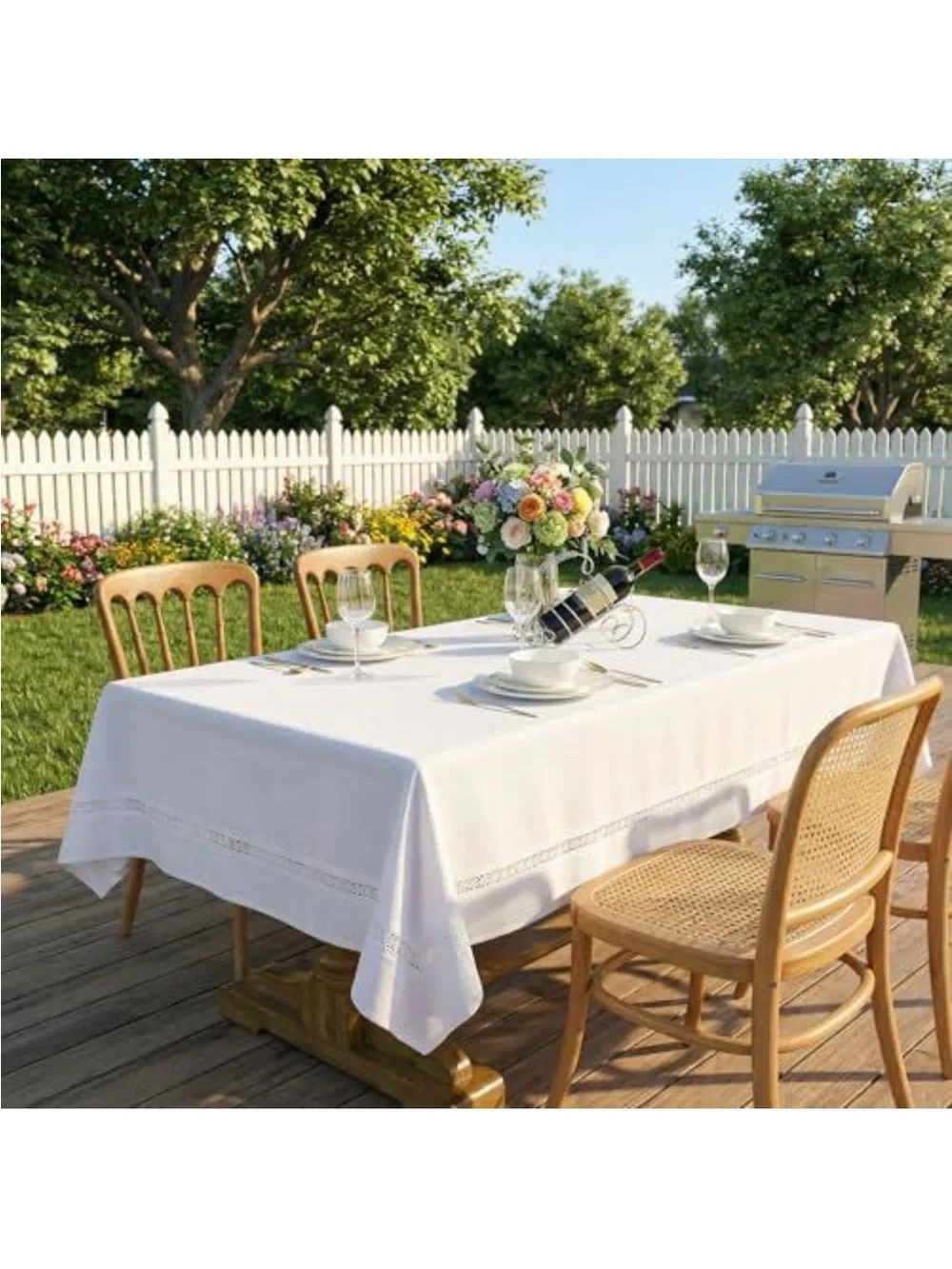 NEW EHouseHome Heavy Duty Fabric Tablecloth W/Lace. Wrinkle/Stain Resistant